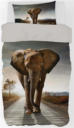 Sengetøj 150x210 cm - Flot dynebetræk med stor elefant - 100% bomulds sengesæt